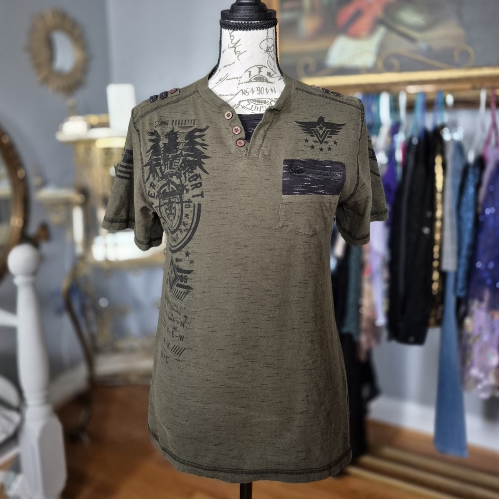 Women's Olive Grunge Graphic Tee with Button Accents Small